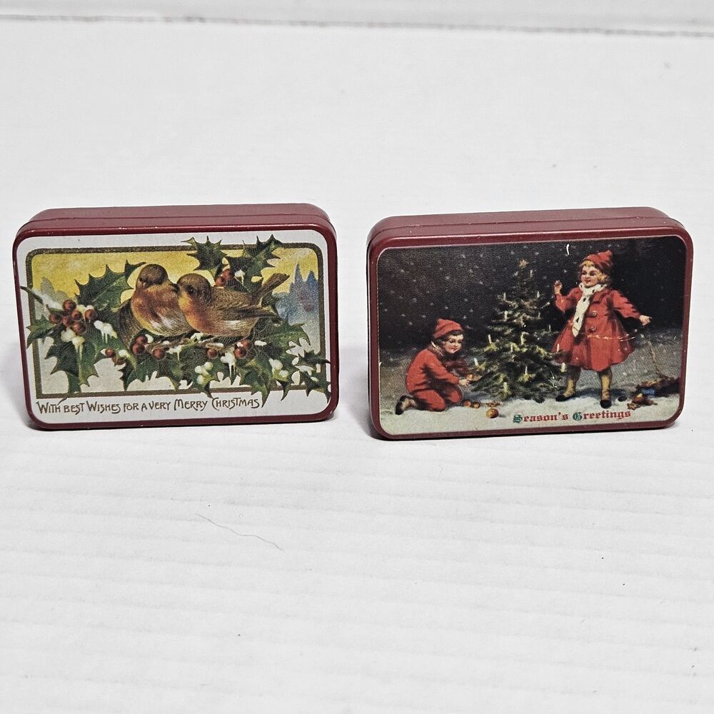 2 Vtg Christmas Mini Tins Victorian Style Children w/Tree & Birds In Holly 1981